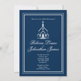 Romantische Kapelle Navy Blau Weiße Kirche Hochzei Einladung