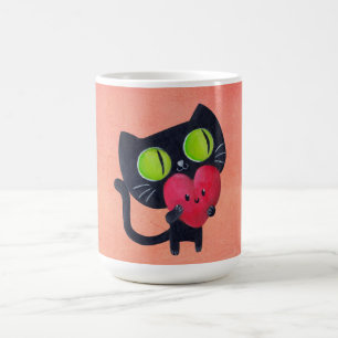 Romantische Katze, die rotes niedliches Herz Kaffeetasse