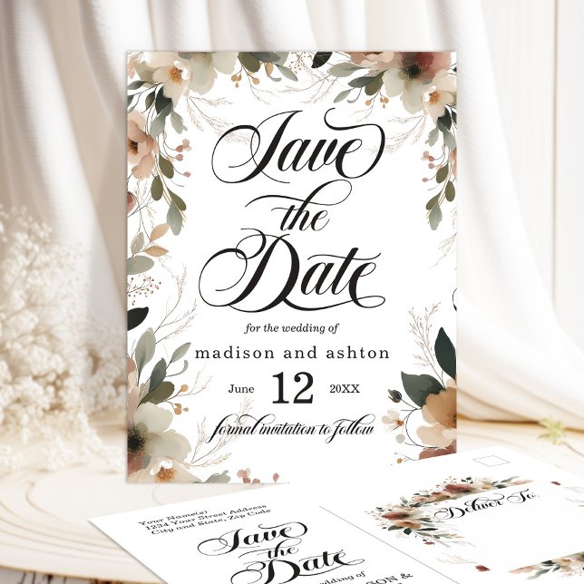 Romantische Kernblumenhochzeit retten Datum Ankündigungspostkarte (Set the scene for your dream wedding with our Ethereal Elegance save the date cards.)