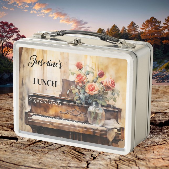 Romantische Klaviermusik Rose Metall Brotdose (Romantic lunch box featuring a watercolor painting of a piano with red roses in a vintage style)