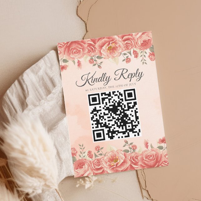 Romantische Korallen Rose Wasserfarbe QR Code Hoch RSVP Karte (Von Creator hochgeladen)