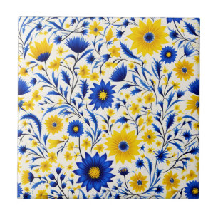 Romantische Kornblumenblau und Gelbe Blüten Fliese