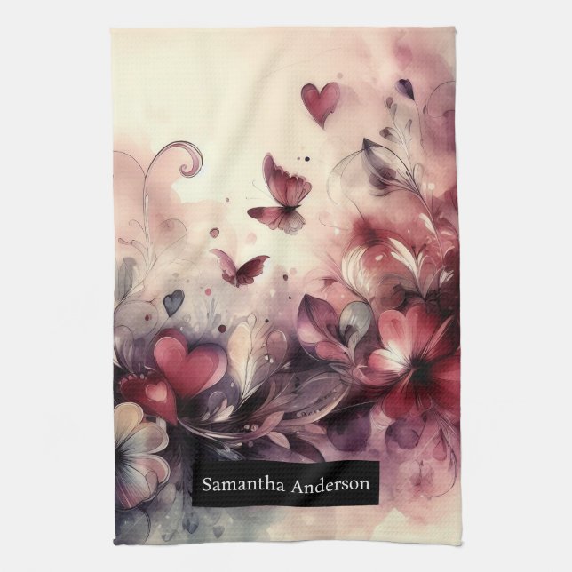 Romantische Küche: Abstrakte Herzschmetterlinge Geschirrtuch (Vertikal)