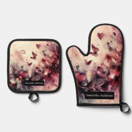 Romantische Küche: Abstraktes Herz Ofenhandschuh & Topflappen-Set