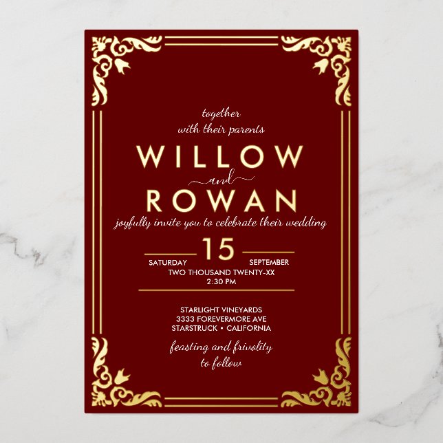 Romantische Kunst-Deco Gold und Burgund Fossilienm Folieneinladung (Vorderseite)