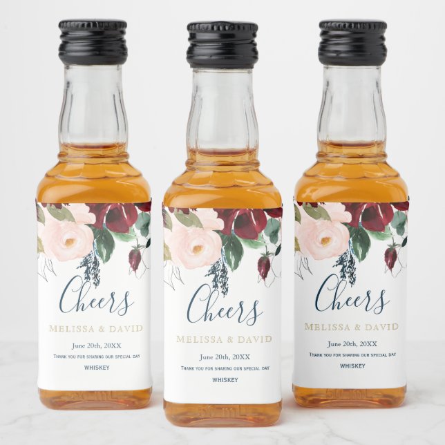 Romantische Labels aus Burgund, Rosa und Mitternac Alkoholflaschenetikett (Flaschen)