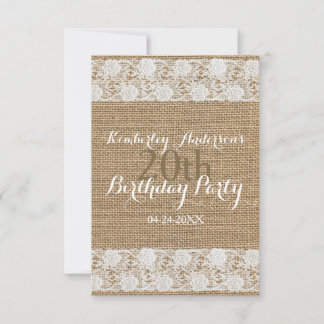 Romantische Lace and burlap 20. Geburtstagsparty Einladung