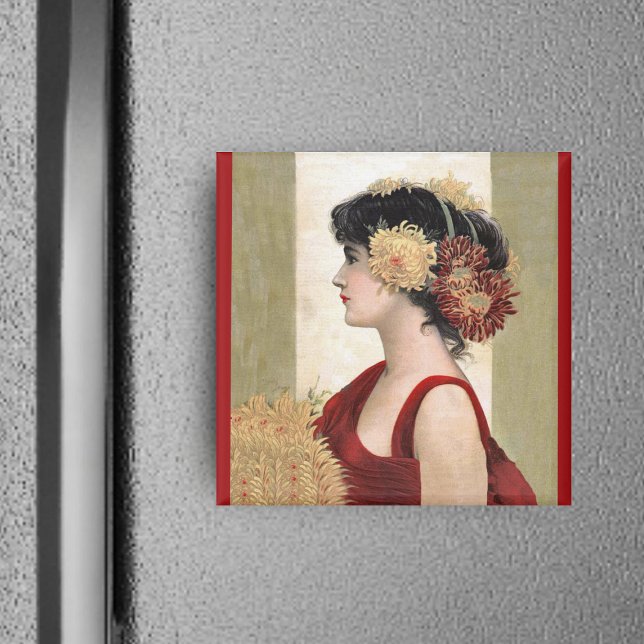 Romantische Lady in Red Magnet (Pretty vintage lady red dress with flowers on hair on white, red and tan square magnet.)