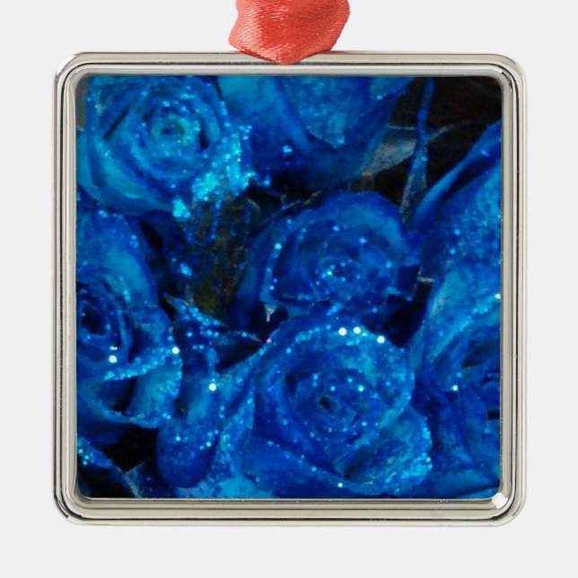 Romantische Liebe Blue Glitzer Glamour Rose Ornament Aus Metall (Vorne)