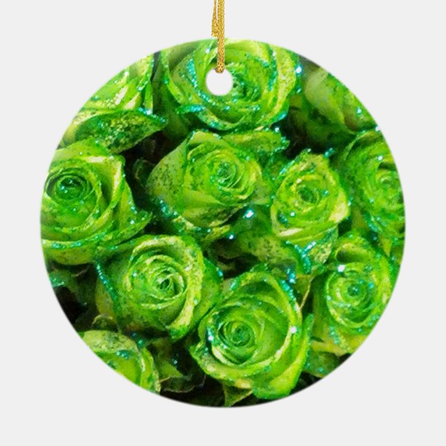 Romantische Liebe Grüne Valentine Glitzer Rose Keramikornament (Hinten)