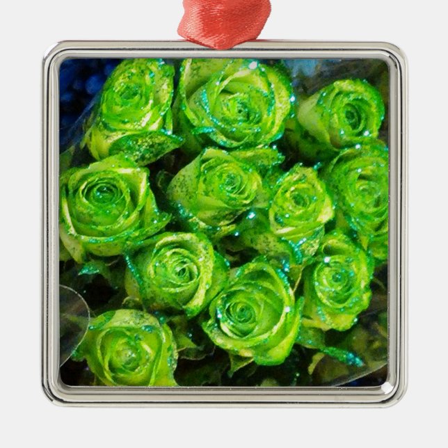 Romantische Liebe Grüne Valentine Glitzer Rose Ornament Aus Metall (Vorne)