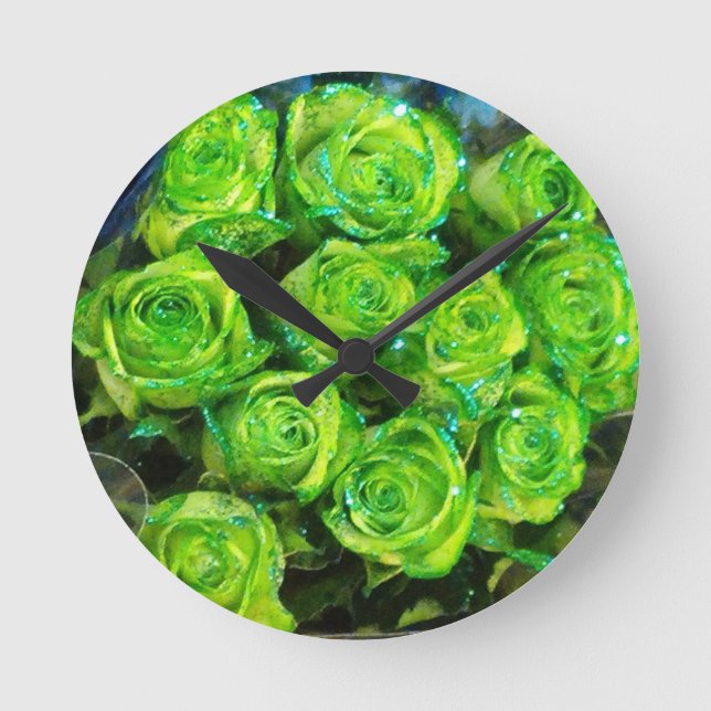 Romantische Liebe Grüne Valentine Glitzer Rose Runde Wanduhr (Vorderseite)