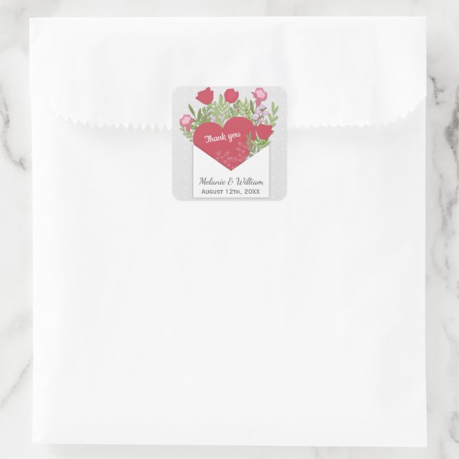 Romantische Liebe Letter Rose & Herz Custom Weddin Quadratischer Aufkleber (Tasche)