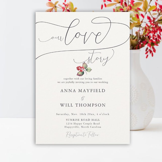 Romantische Liebe Story Winter Berries Elegante Ho Einladung (winter red berries love story romantic elegant wedding invitation minimalist classy country rustic)