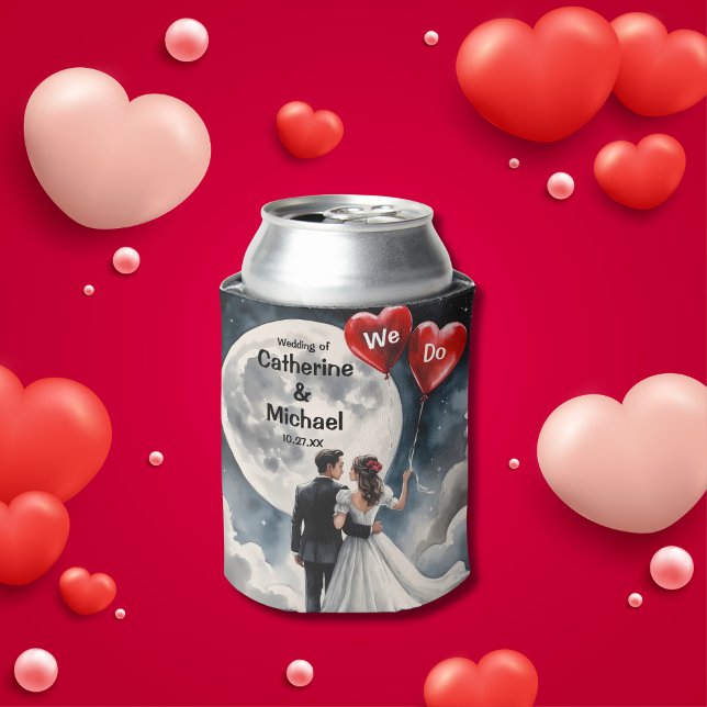 Romantische Liebe über Cloud Nine Märchenhochzeit Dosenkühler (Front view bride groom red heart balloons celestial moon stars – On Cloud Nine Wedding Can Cooler)
