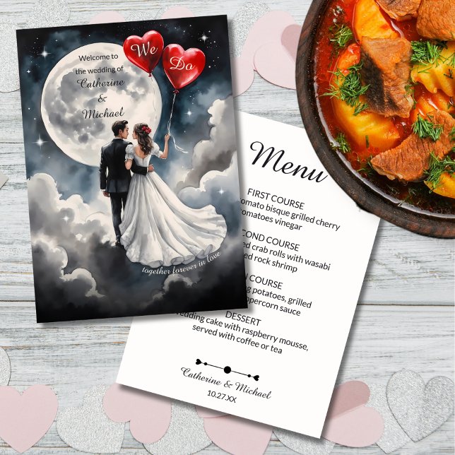 Romantische Liebe über Cloud Nine Märchenhochzeit Menükarte (Flat lay celestial bride groom with red hearts moon stars – On Cloud Nine Wedding Menu)