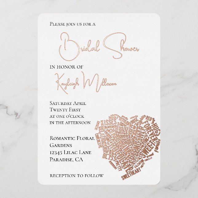 Romantische Liebe Worte Herz Brautparty Folieneinladung (Vorderseite)