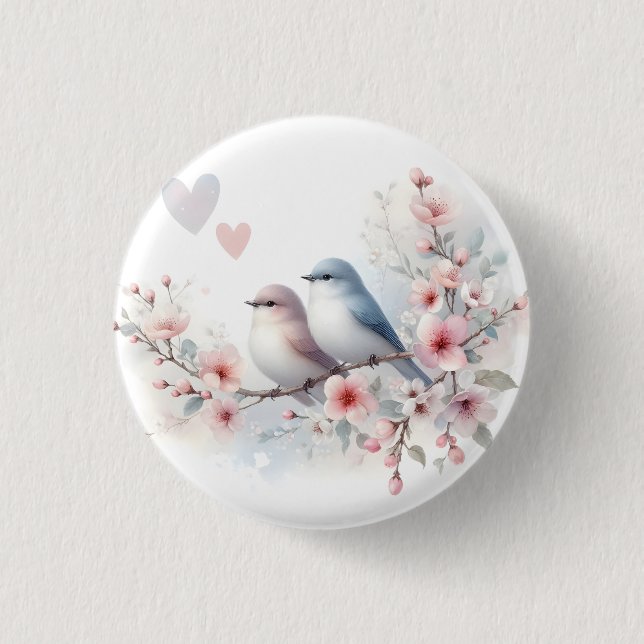 Romantische Liebesvögel Kirschblütenzweig Button (Vorderseite)