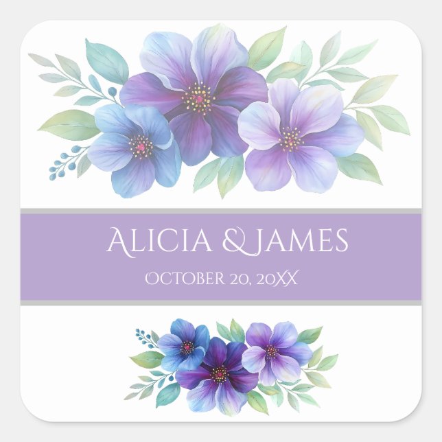Romantische Lila Blaue Botanische Wasserfarbenhoch Quadratischer Aufkleber (Vorderseite)