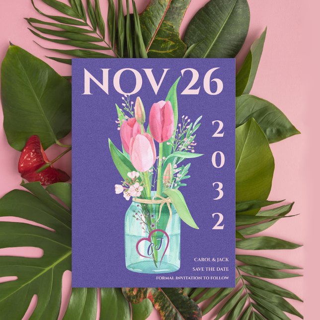 Romantische Lila Blütenblütenhochzeit retten das D Ankündigung (Romantic Purple Blush Floral Wedding Save the Date Announcement)