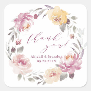 Romantische lila florale Dankeschön-Hochzeit Quadratischer Aufkleber