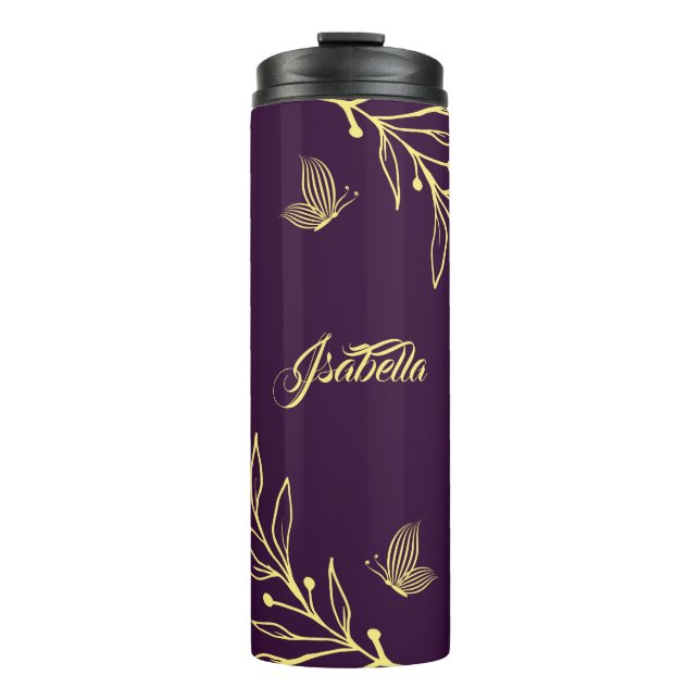 Romantische lila Goldblüte Thermosbecher (Vorderseite)