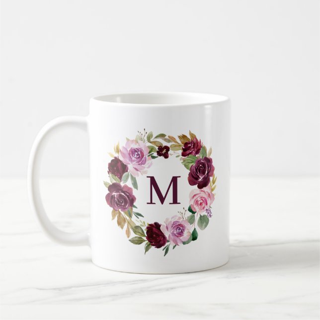 Romantische Lila Herbstblumenröhre Monogramm Kaffeetasse (Links)