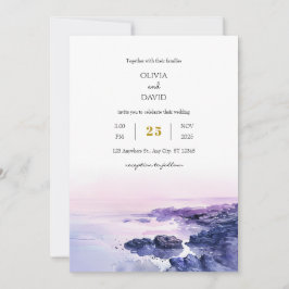 Romantische Lila Rocky Shoreline Dusk Beach Hochze Einladung