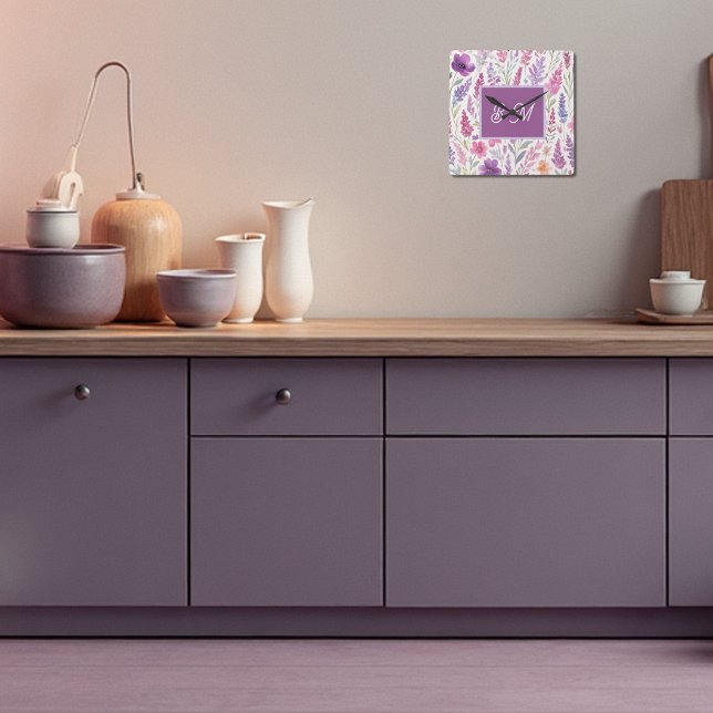 Romantische lila rosa Pastel Botanischer Frühlings Quadratische Wanduhr (Von Creator hochgeladen)