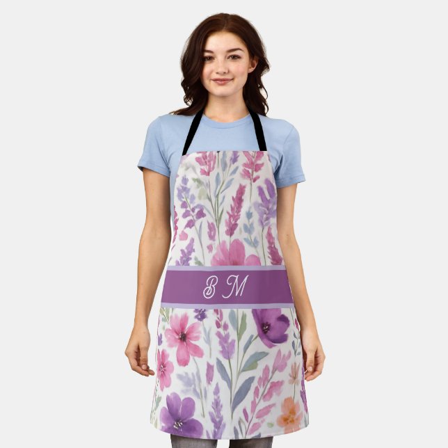 Romantische lila rosa Pastel Botanischer Frühlings Schürze (Getragen)