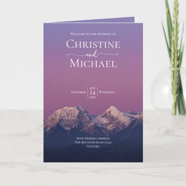 Romantische lila Sonnenuntergang Schneeberge Hochz Programm (Vorderseite)