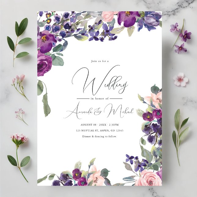 Romantische Lila und rosa Blumenhochzeit Einladung (Romantic Purple and Pink Floral Wedding Invitation)