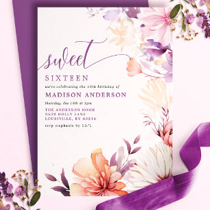 Romantische lila und rosa Wildblumen Sweet 16 Einladung