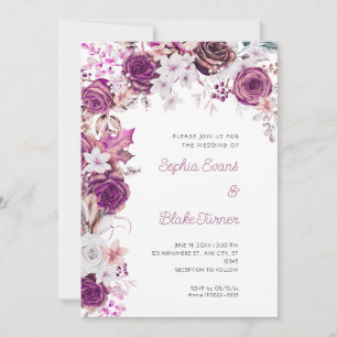 Romantische lila und weiße Rosen Weiße Hochzeit Einladung