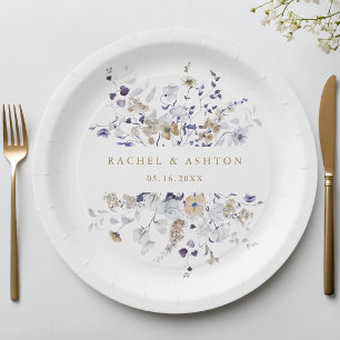 Romantische lila weiße Gold-Blumen-Hochzeit  Pappteller