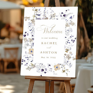 Romantische lila weiße Gold-Blumen-Hochzeitsbegrüß Poster
