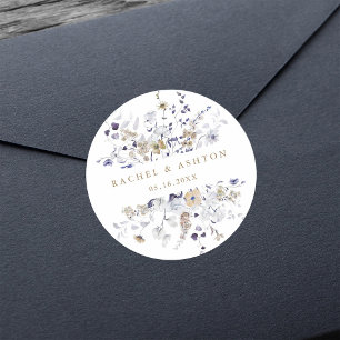 Romantische lila weiße Gold-Blumenhochzeit Runder Aufkleber
