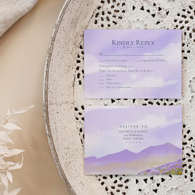 Romantische LIlac Night Landscape Wedding RSVP Car Dankeskarte (Romantic LIlac Night Landscape Wedding RSVP Card on a neutral boho wedding table.)