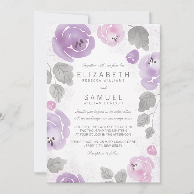 Romantische Lilac Watercolor Rose Hochzeit Einladu Einladung (Vorderseite)