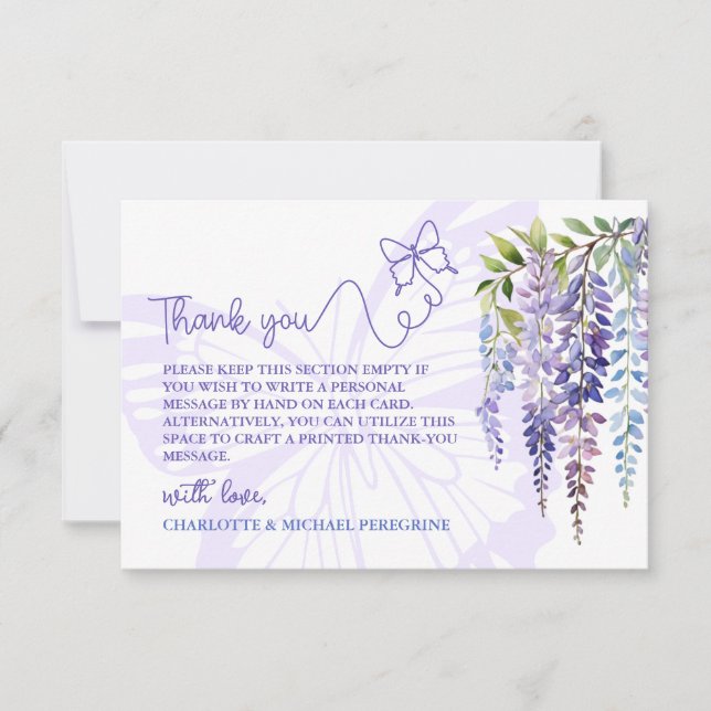 Romantische Lilac Wisteria & Butterfly Hochzeit mi Dankeskarte (Vorderseite)