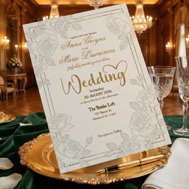 Romantische Line-Art-Rose Faux-Goldfolie Hochzeit Einladung (Von Creator hochgeladen)