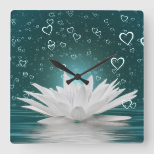 Romantische Lotusblumen-Herzen Zen-Yoga Wasserlili Quadratische Wanduhr