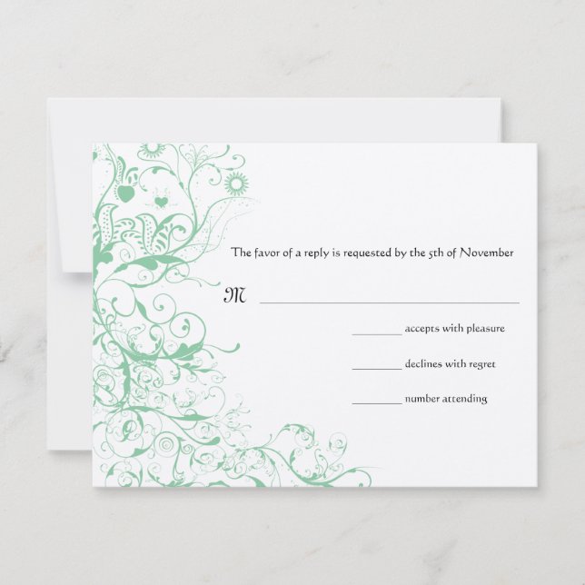 Romantische Love Bird Mint Wedding RSVP Karte (Vorderseite)