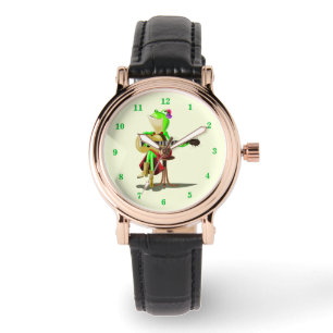 Romantische lustige Uhr mit Frosch beim Gitarrespi
