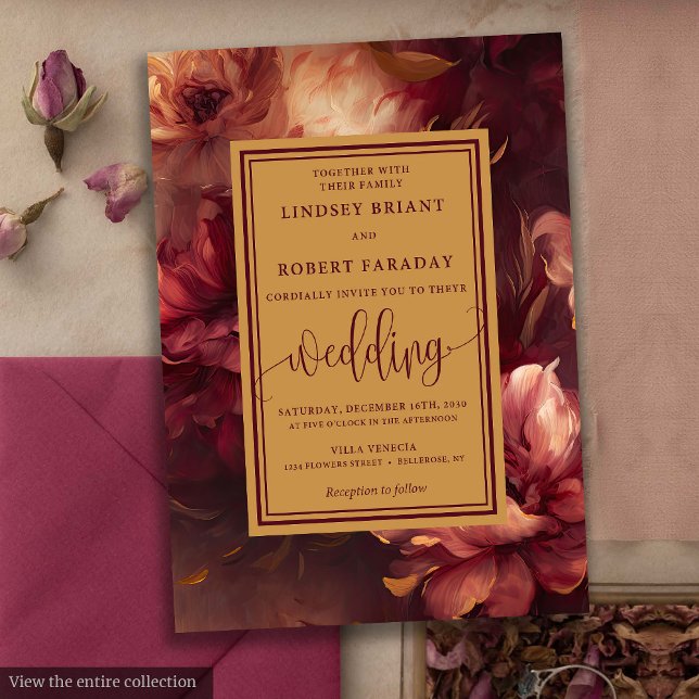 Romantische Luxus Burgundy Gold Rose Hochzeitsempf Einladung (Romantic Luxury Burgundy Gold Roses Wedding Invitation)