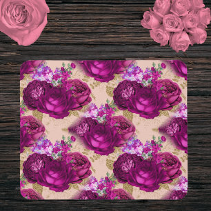 Romantische Magenta-Rose und Gold-Blätter auf Pea Mousepad