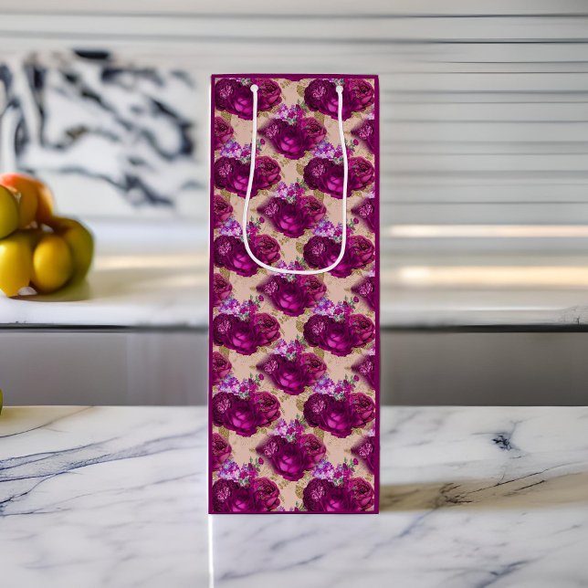 Romantische Magenta-Rose und Gold-Blätter auf Peac Geschenktüte Für Weinflaschen (Von Creator hochgeladen)