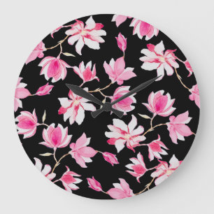 Romantische Magnolie: Schwarze Wasserfarbe Große Wanduhr