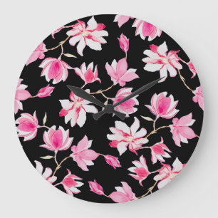 Romantische Magnolie: Schwarze Wasserfarbe Große Wanduhr