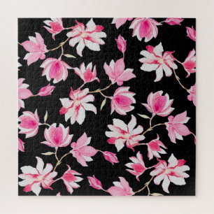 Romantische Magnolie: Schwarze Wasserfarbe Puzzle